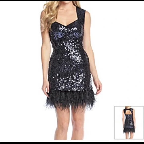 guess sequin dress with feathers Guess NIKKI sequin black feather dress size 6